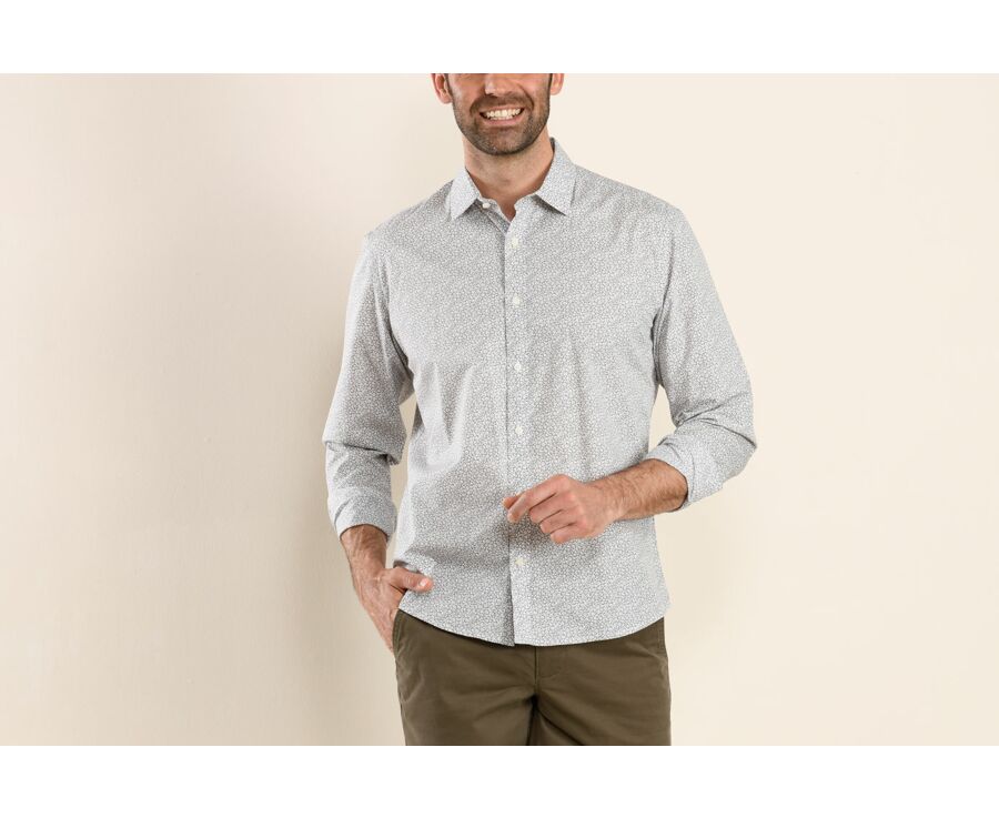 Chemise coton taupe imprimée motifs blancs et bleus - EDALBERT