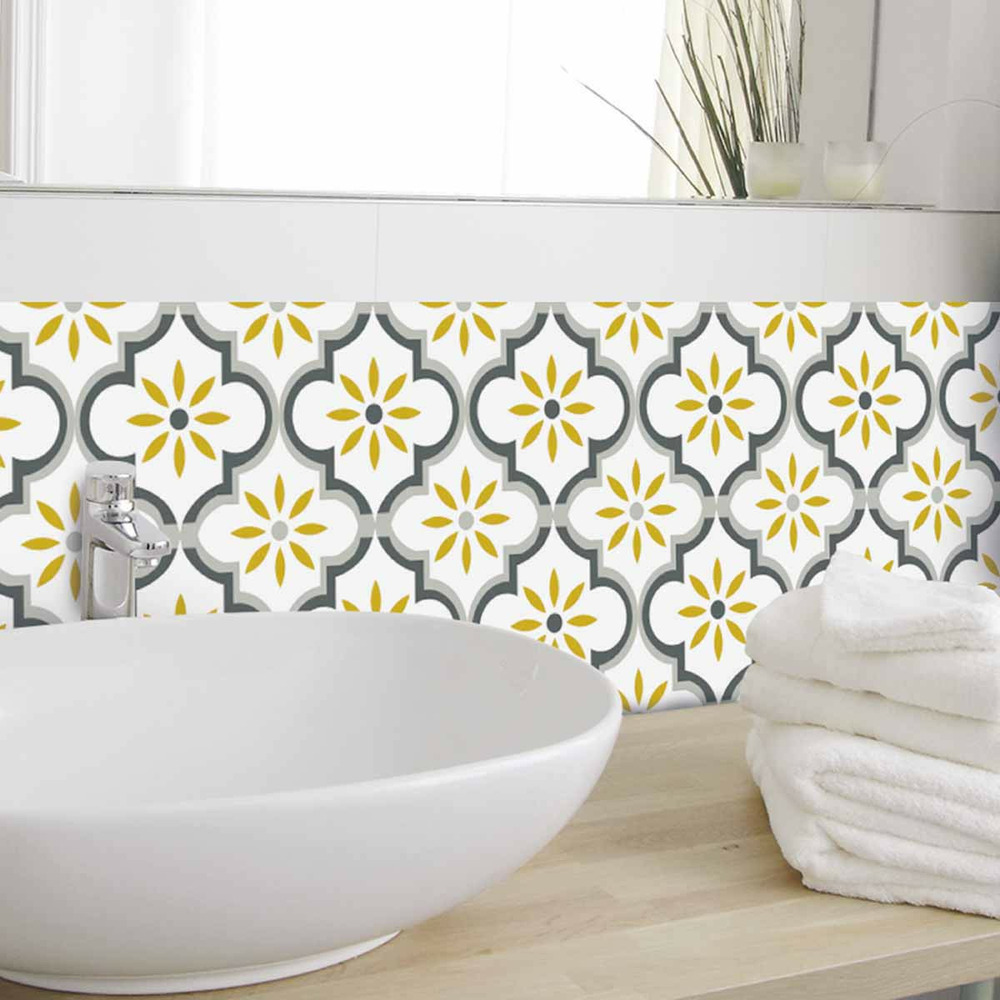 Stickers carrelage 15 x 15 cm - motif floral ochre et gris