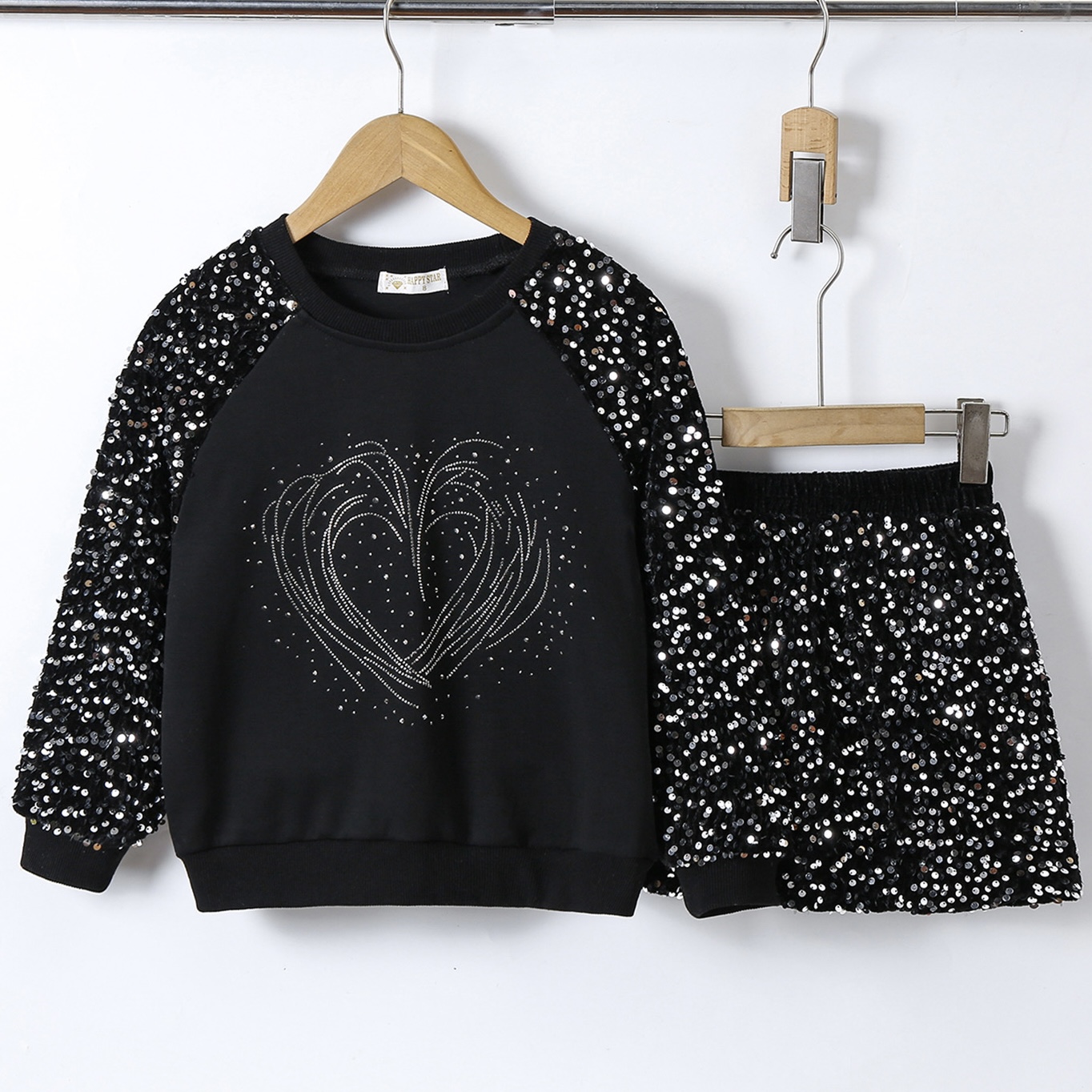 Paillet skirt & heart set - zwart/zilver