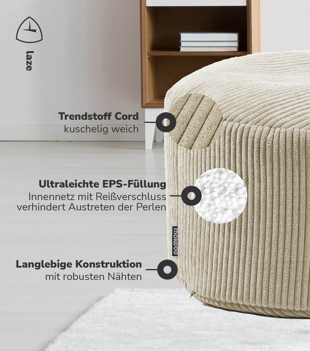 mokebo poef of kruk van corduroy 'The Lazy Spring', voetenbankje in beige met EPS-korrelvulling