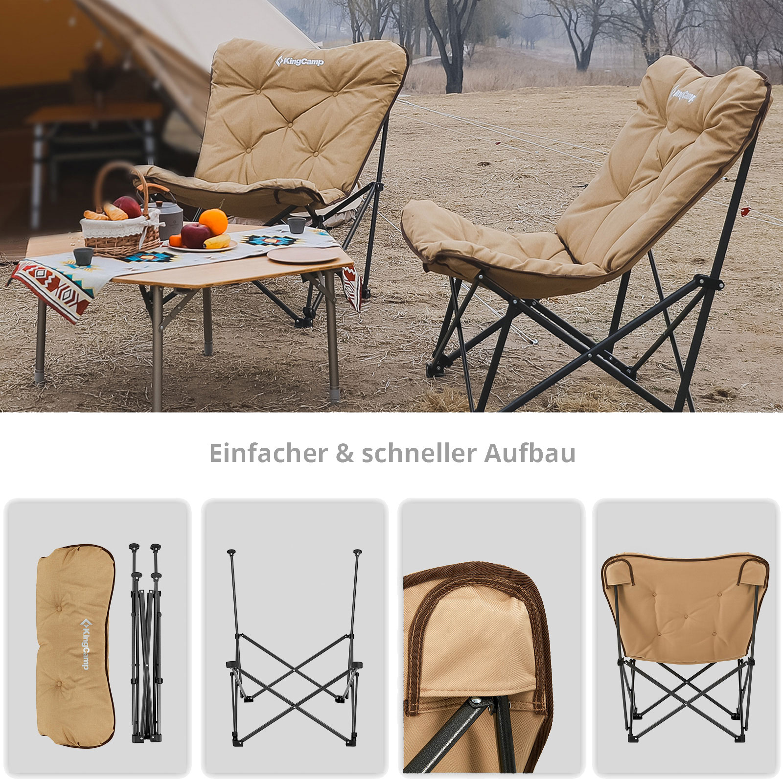 KINGCAMP Campingstuhl Lindon Relax Schmetterlingsstuhl Lounge Stuhl Stahl 136kg Farbe: beige