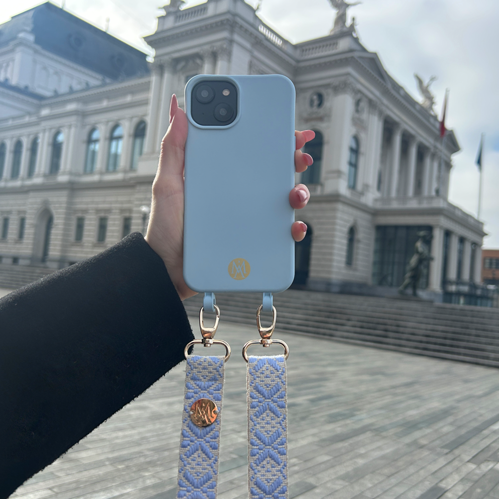 iPhone 14 Handy Hülle Elegantes Case mit abnehmbarem Necklace Adapter - Light Blue / Silver