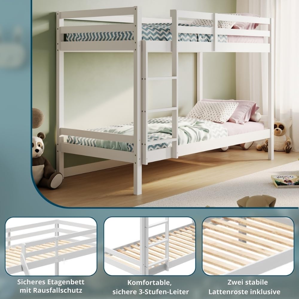 Kids Collective Hochbett, Etagenbett, Hochbett 90x200 | Kinderbett aus Holz, EN 747-zertifiziert, platzsparendes & sicheres Stockbett | 206x96x146 cm (BxTxH) | Weiß | von 4. bis 18. Lebensjahr