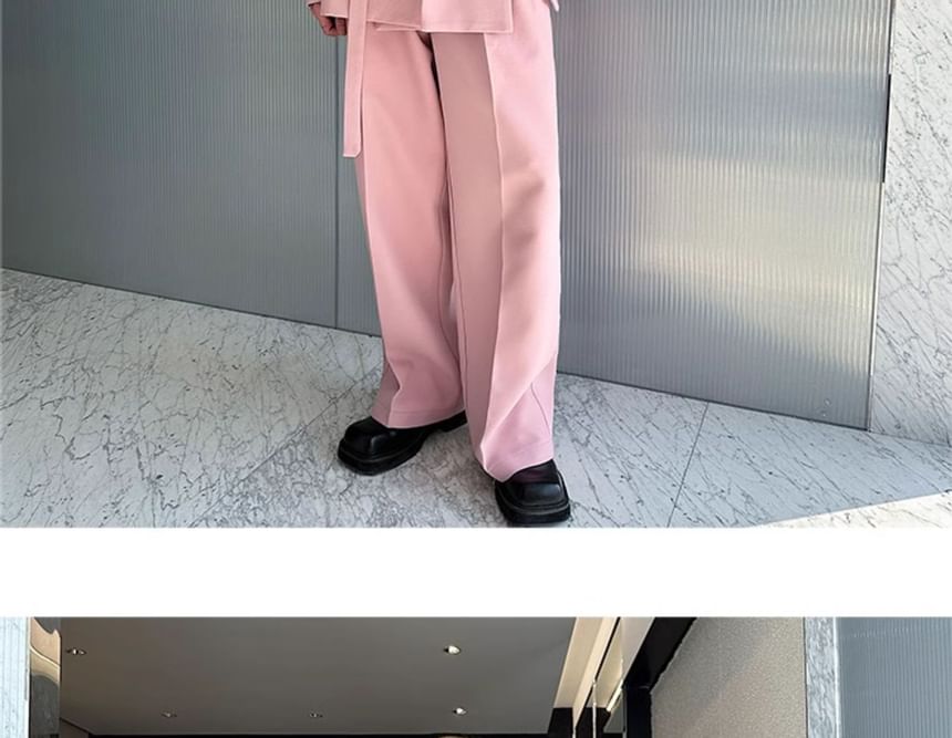 Omozando - Set: Mock Two-Piece Peak Lapel Plain Buttoned Slit Blazer + Mid Rise Wide Leg Dress Pants