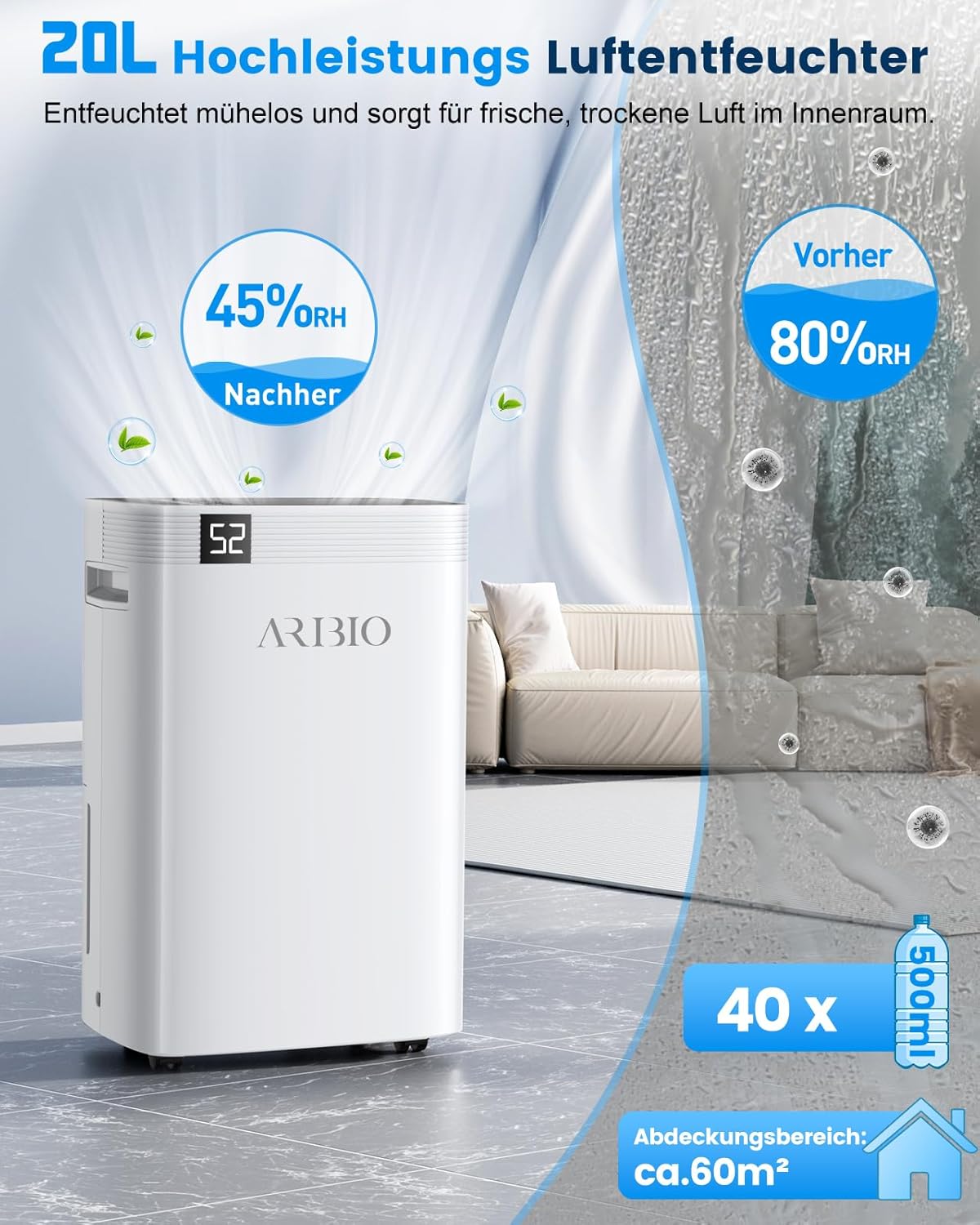 Luftentfeuchter Elektrisch,20L/Tag Hochleistungs Entfeuchter,Raumentfeuchter mit LED Anzeige,Wäschetrocknung, Ablaufschlauch,Timer und Abtauen, Raumgröße ca 200m³/60m², für Wohnungen,Badezimmer,Keller