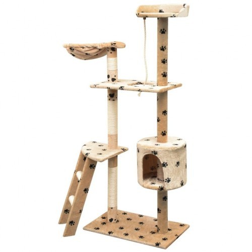 Arranhador bege para gatos com pegadas de patas.