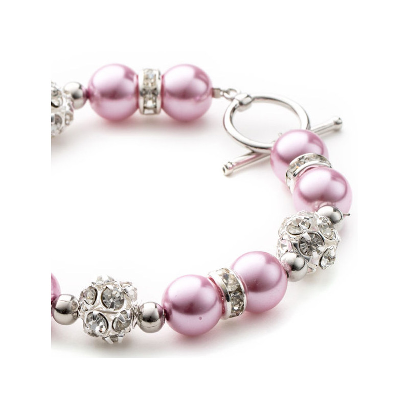 Parure Collier, Bracelet et Boucles d'oreilles Perles Roses, Cristal et Plaqué Rhodium