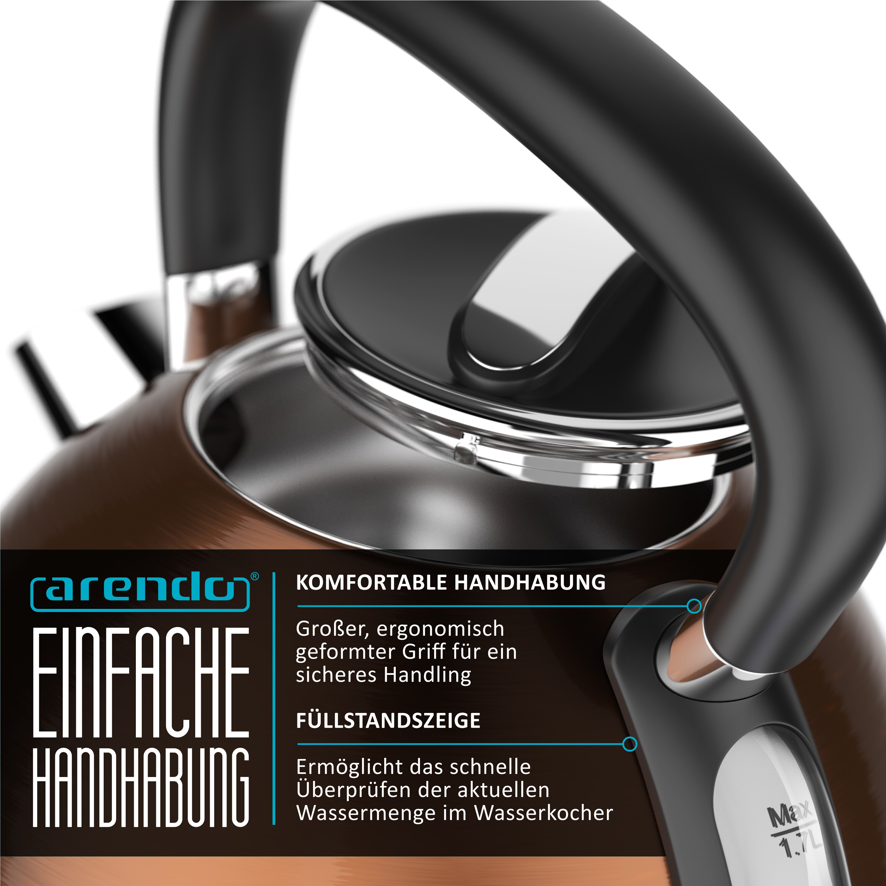 Arendo Wasserkocher 1,7 l, 2200 W, Edelstahl, Retro Style Vintage, Überhitzung & Trockenkochschutz, kupfer