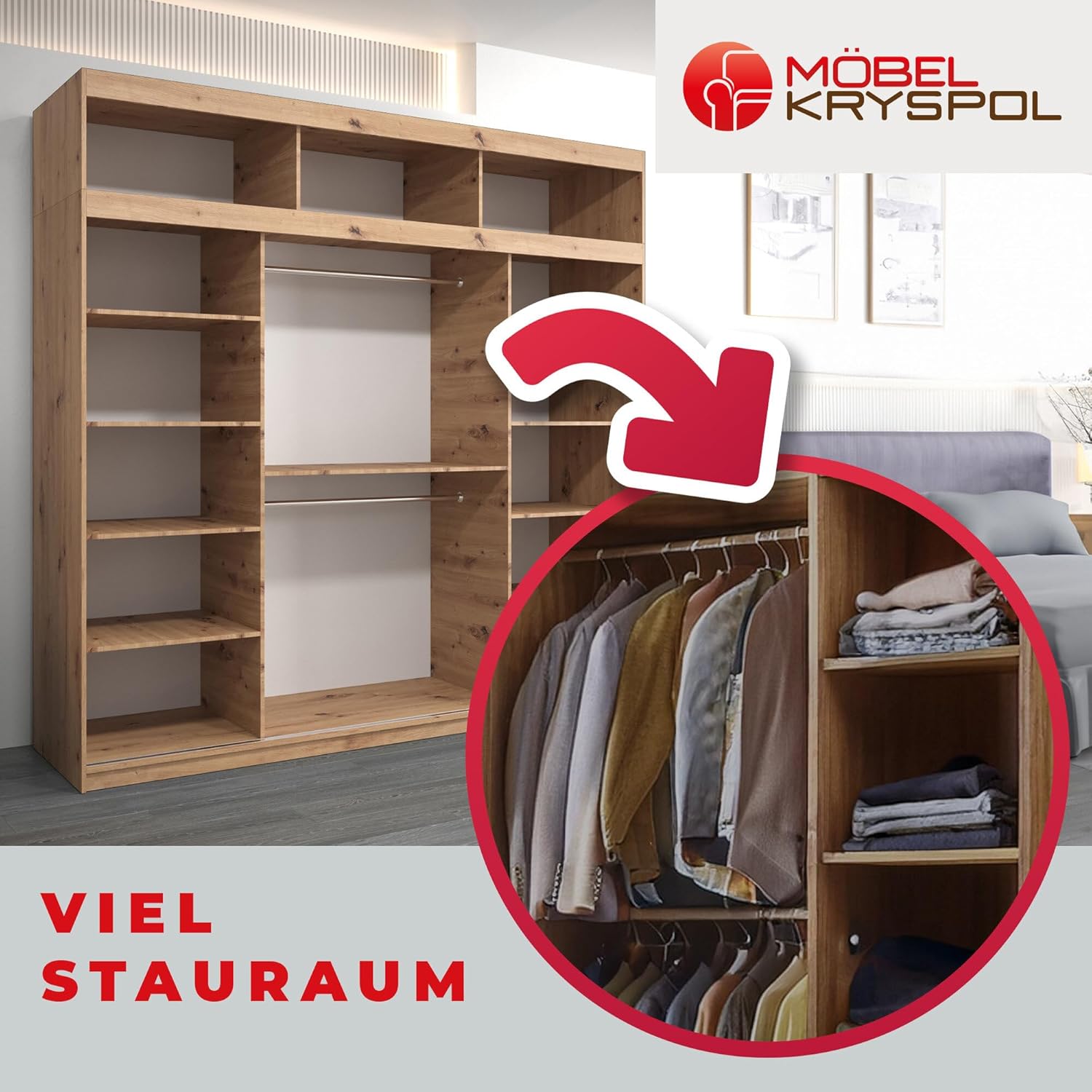 MEBLE KRYSPOL Kleiderschrank mit Spiegel Verona 2 - Garderobenschrank - Schrank Schlafzimmer - Mehrzweckschrank DREI Schiebetüren - Regalen - Flur Möbel - Kleiderstange Schrank - Allzweckschrank