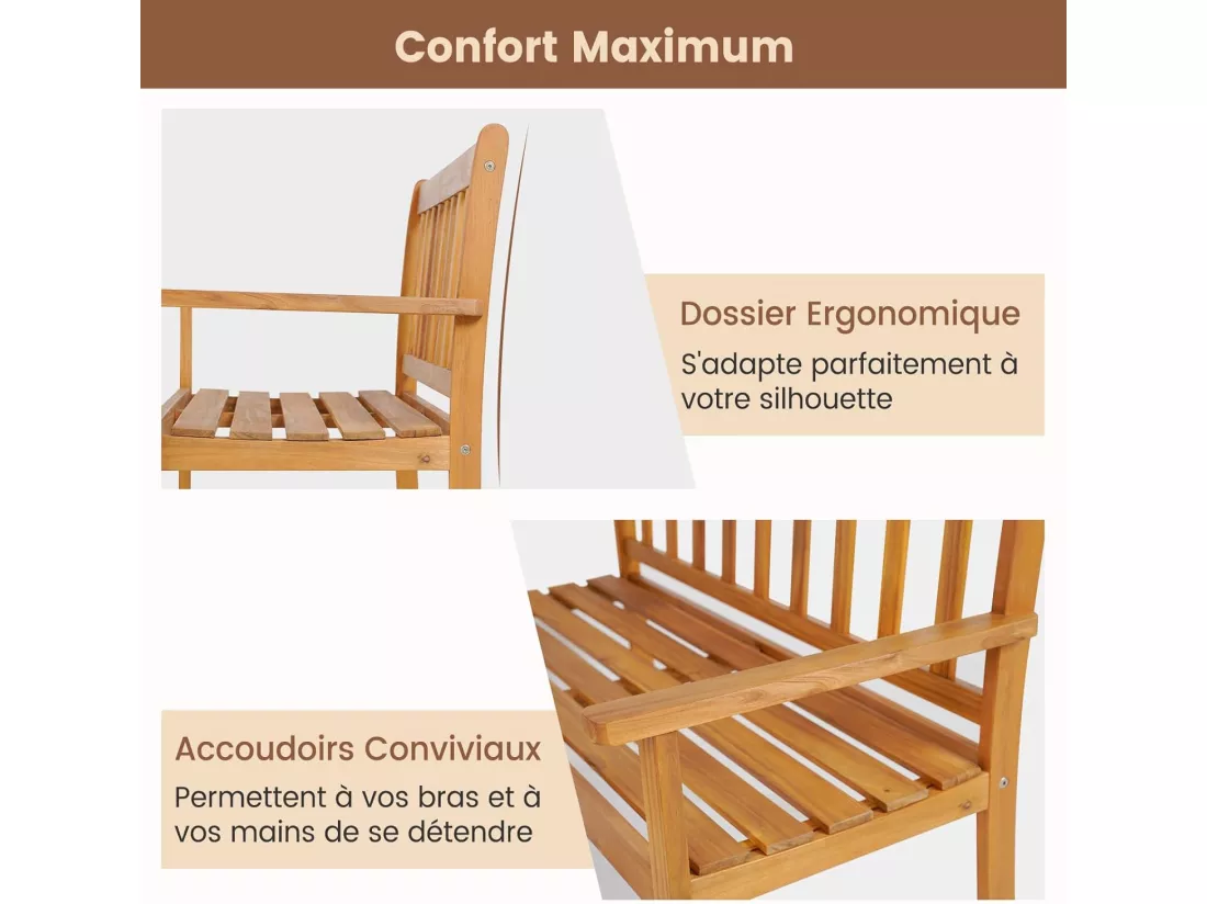 Banc de Jardin en Bois Massif d'Acacia, Banc d'Extérieur à 2 Places avec Accoudoirs, Siège à Lattes pour Parc, Porche, Cour, Charge 360 Kg, 122 x 56,5 x 86 CM (L x l x H), Naturel