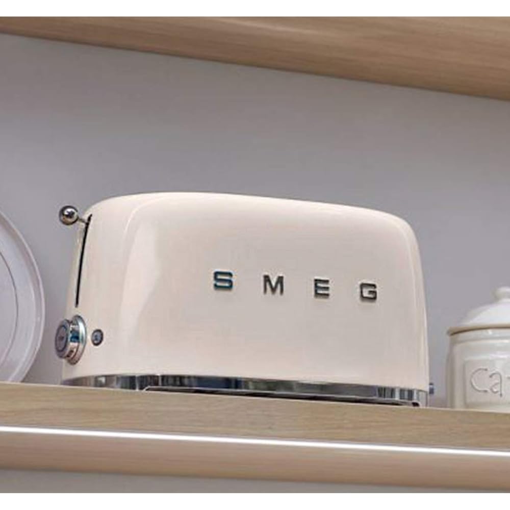 Smeg, Grille-pain 4 Tranches TSF02CREU, 2 Fentes 36 mm, 6 Niveaux de Brunissage, Fonction Chauffage, Décongélation et Bagel, Éjection Automatique du Pain, Ramasse Miettes, 1500 W, Crème : Cuisine et Maison
