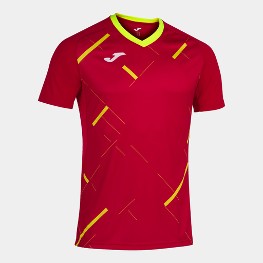 Camiseta Joma Tiger III de manga curta, vermelha e amarela.