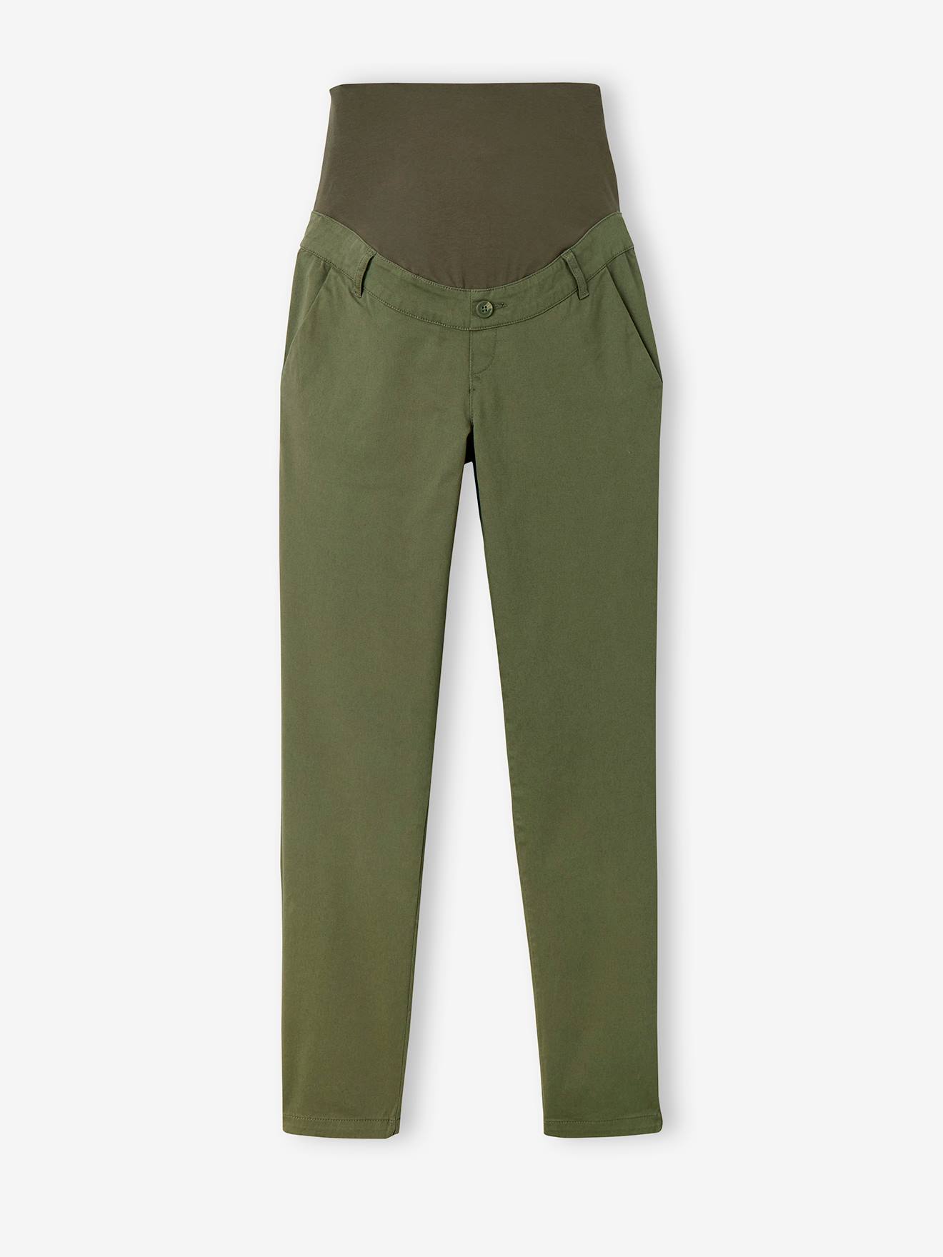 Calças chino lisas de algodão stretch verde-escuro para gestantes.