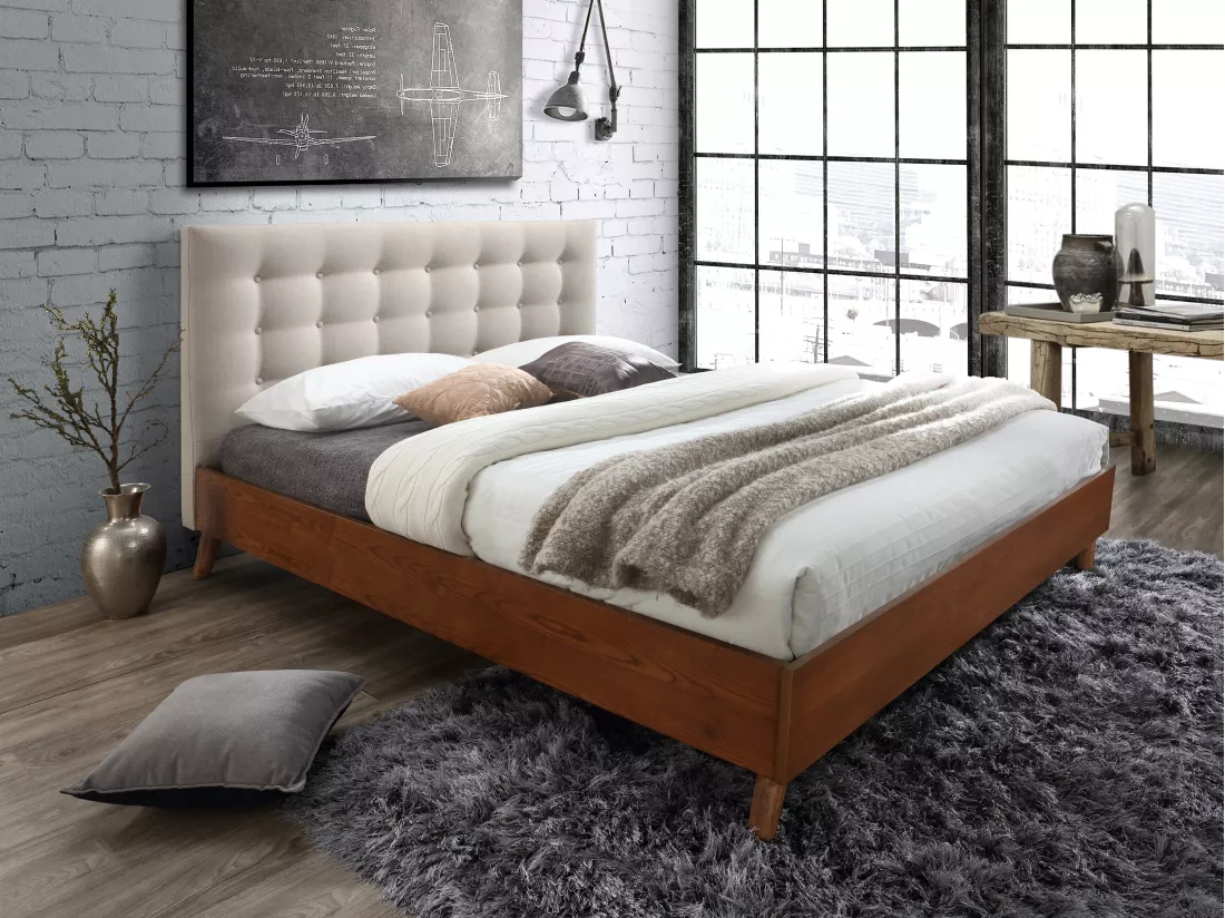 Lit 180 x 200 cm avec tête de lit capitonnée - Tissu - Beige - FRANCESCO