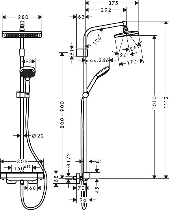 Colonne de douche thermostatique chromé Hansgrohe Croma E