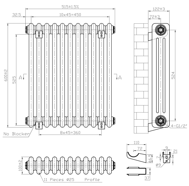 Eastbrook Imperia 3 koloms radiator 50x60cm 1040W antraciet