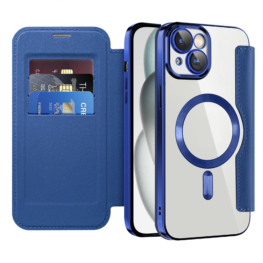 iPhone 15 MagSafe Hybrid Leder Tasche   Kunststoff Rückseite (RFID Schutz) - Blau / Transparent
