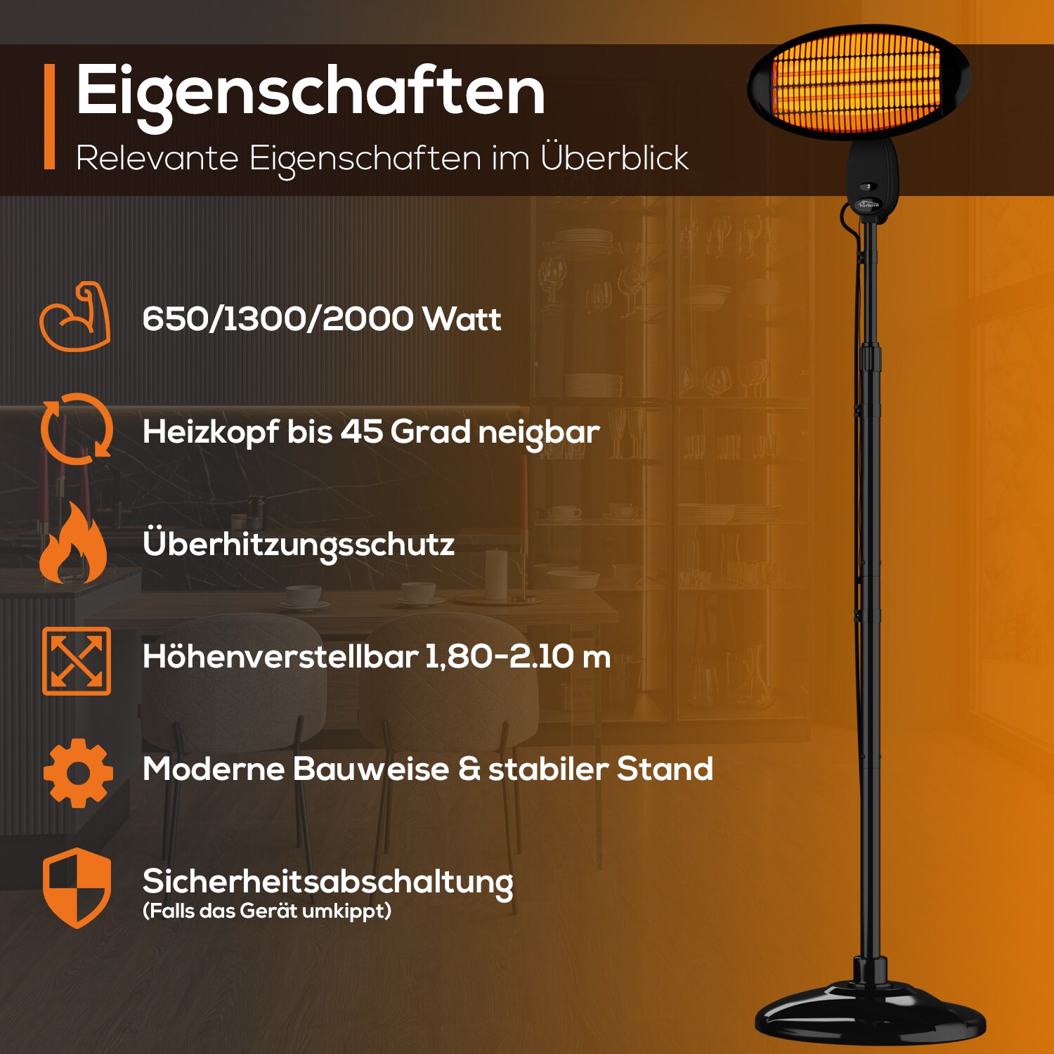 TroniTechnik® Quartz-Heizstrahler mit 3 Stufen, Standstrahler mit verstellbarer Teleskopstange und Kopf, 2000 Watt Terrasse