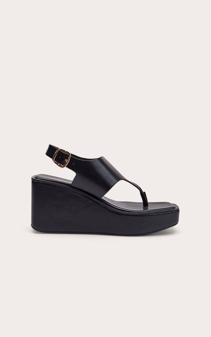 Noir Sandales Compensées À Bride Orteil Et Empeigne Haute Avec Boucle