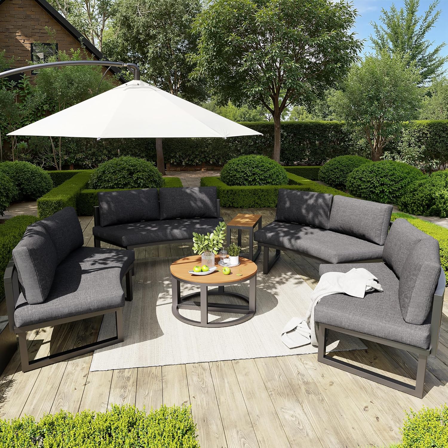 Merax Gartenmöbel Set für 4-6 Personen, Gartenlounge Lounge Set aus Metallrahmen, Balkonmöbel Outdoor Sitzgruppe mit Beistelltisch & Kissen, Elegante runde Sofagarnitur, Wetterfest für Terrasse, Grau
