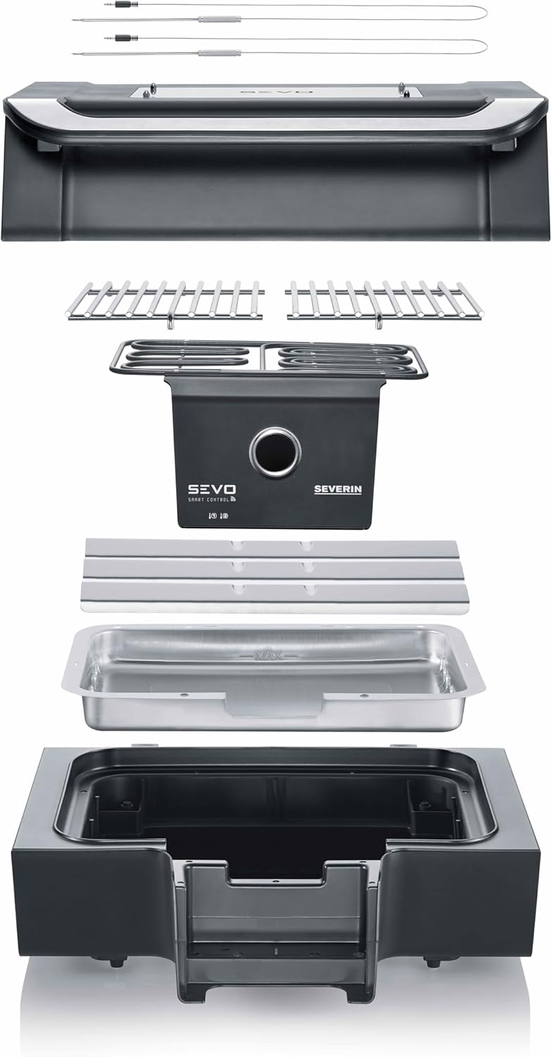 SEVERIN SEVO SMART CONTROL GT Elektrogrill mit App-Steuerung und Deckel, elektrischer Tischgrill, in 10 min bis 500°C, OLED-Display, für innen und außen, 3.000 W, Edelstahl/Schwarz, PG 8138