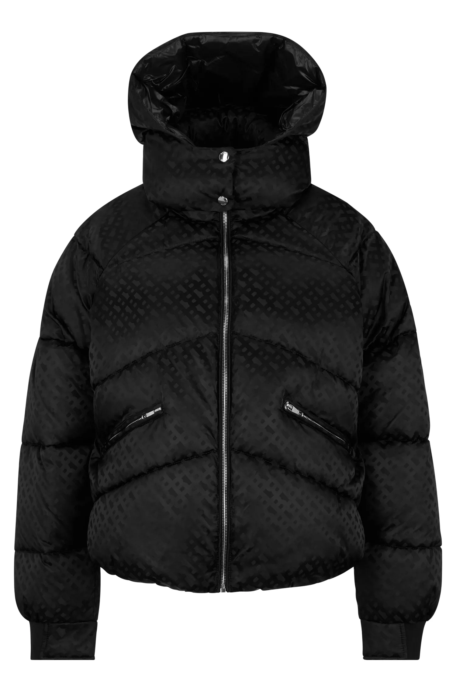 Jaqueta puffer BOSS preta com monograma em jacquard e acabamento repelente à água.