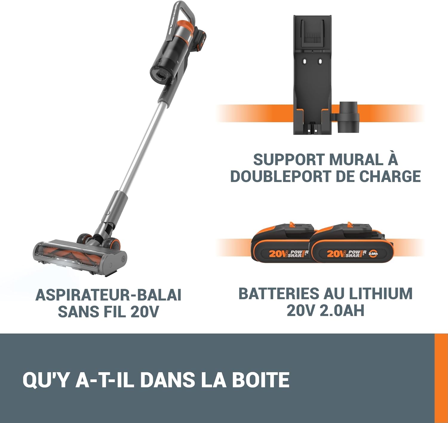 WORX 20V Akku Staubsauger WX038, 25Kpa Handstaubsauger kabellos, 45min Lange Laufzeit, leicht für Haustierhaare, Teppich, Auto - inkl. 2 PowerShare Akkus und Wandhalterung Doppelladegerät