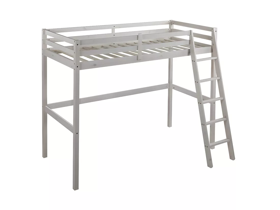 Lit mezzanine GEDEON II - 90 x 190 cm - Pin massif - Blanchi + matelas