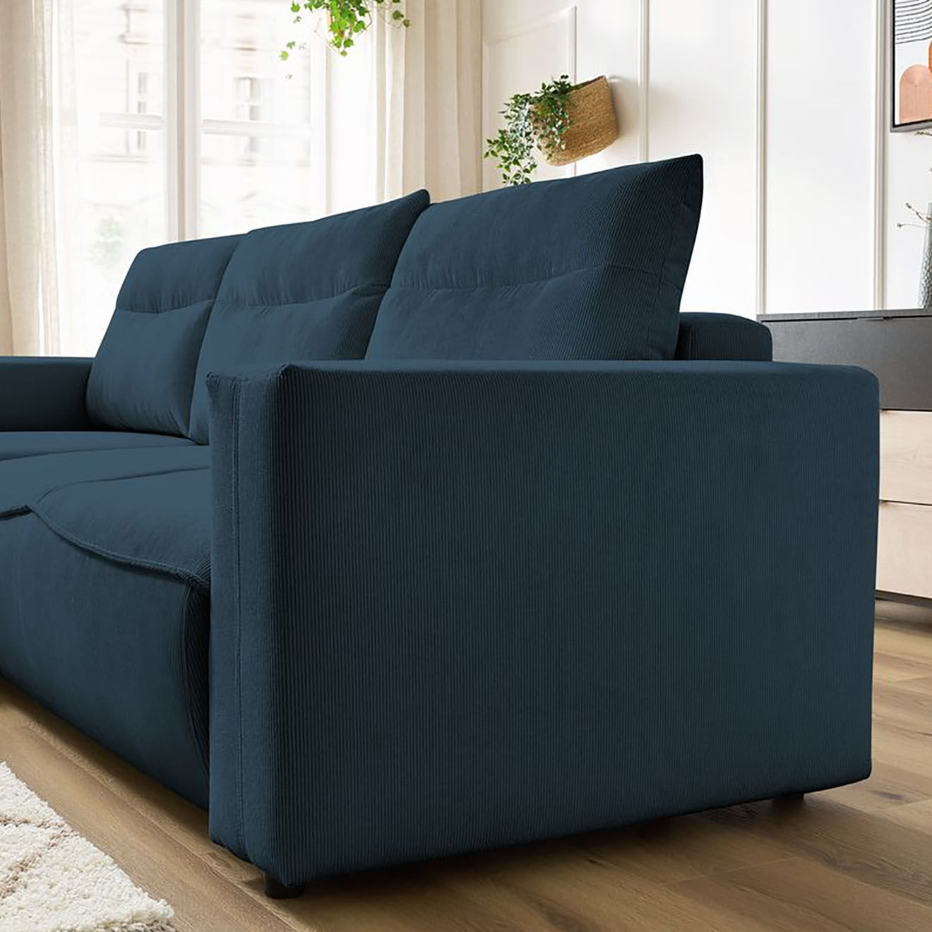 Bobochic Canapé d'angle gauche convertible coffre jasmin velours côtelé bleu foncé - 256x158x90 cm