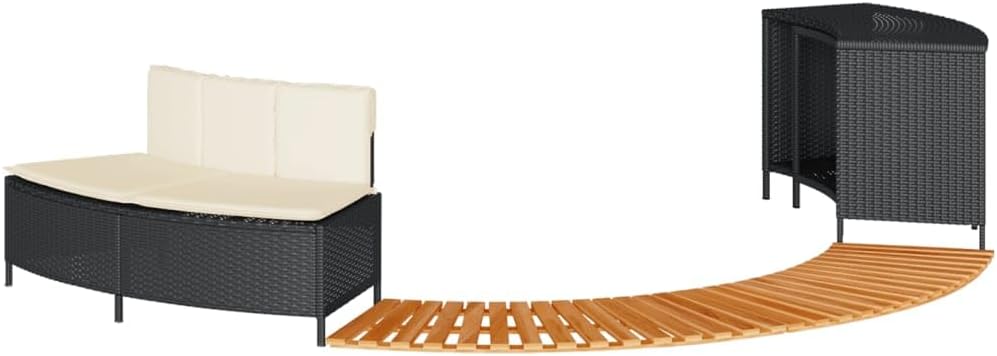Whirlpool-Umrandung Schwarz Poly-Rattan und Massivholz Akazie Schwimmbecken Poolumrandung