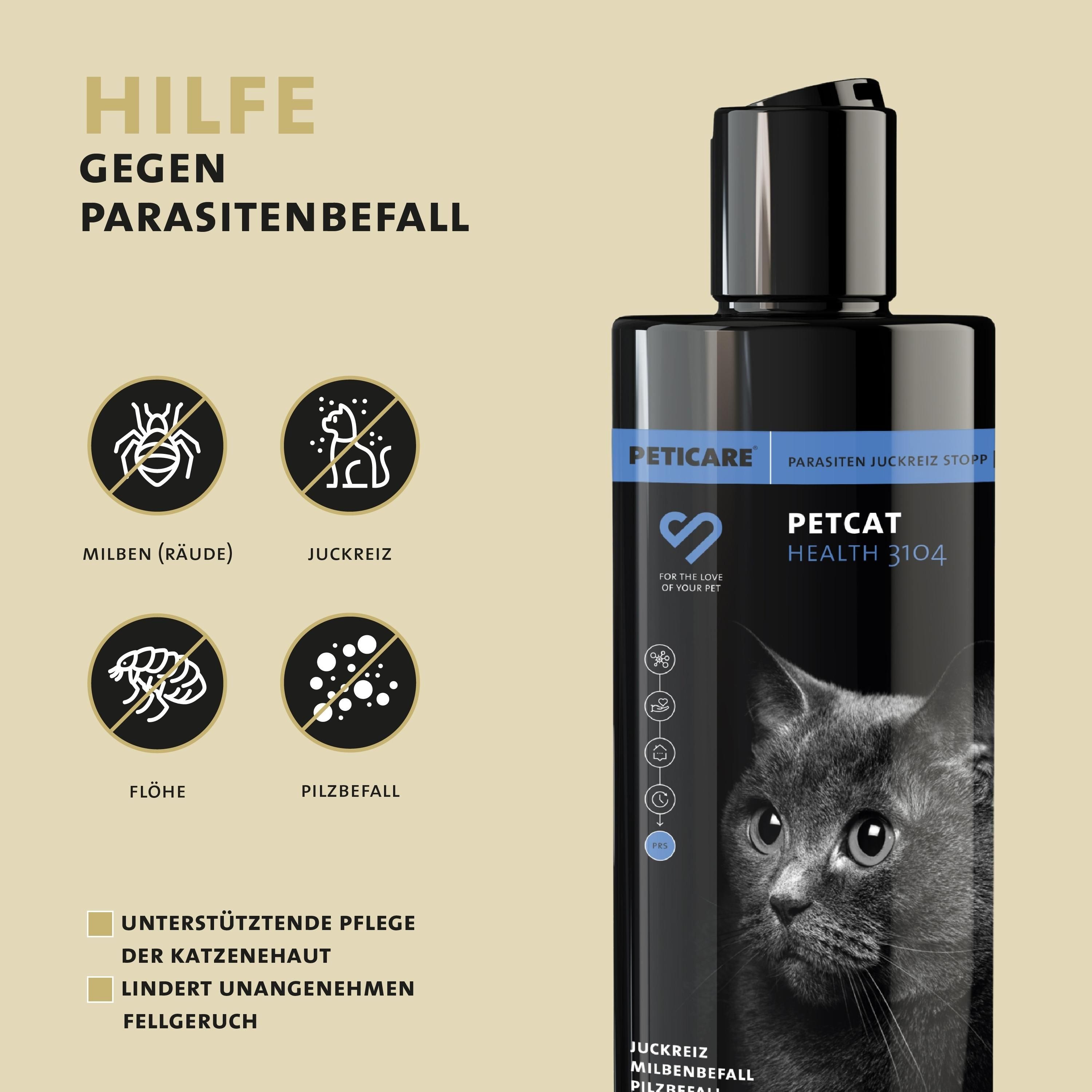Peticare Anti-Parasiten Katzen-Shampoo gegen Milben Flöhe Pilz, lindert Juckreiz