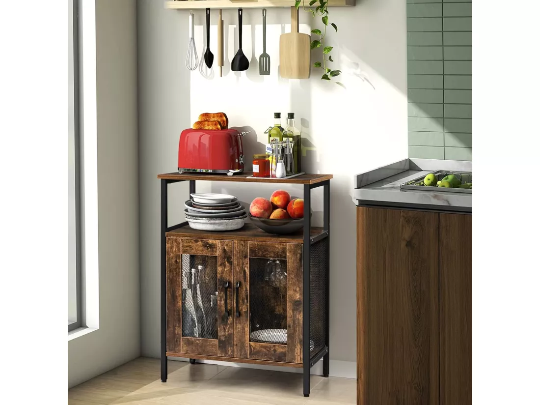 Buffet de cuisine à 2 portes en treillis, 60 x 34 x 79 cm, marron rustique