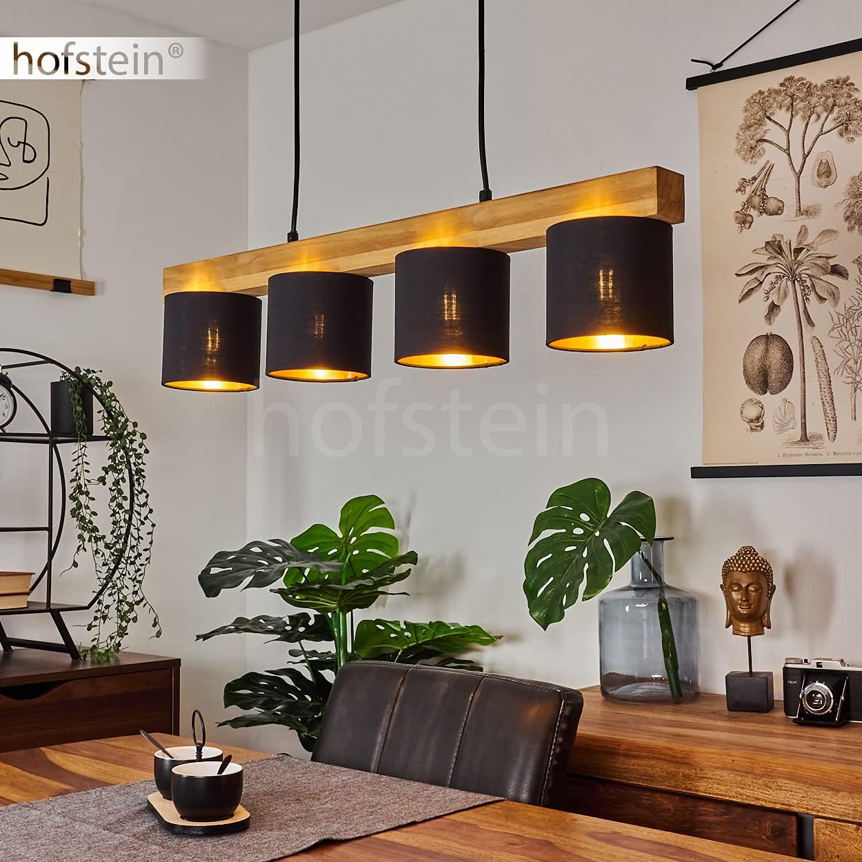 HOFSTEIN Pendelleuchte Malimea, 4-flammige Hängelampe aus Metall/Holz/Stoff in Schwarz/Natur/Kupferfarben, Hängeleuchte m. Holzbalken und Stoff-Schirmen, Höhe max. 135 cm, 4 x E14