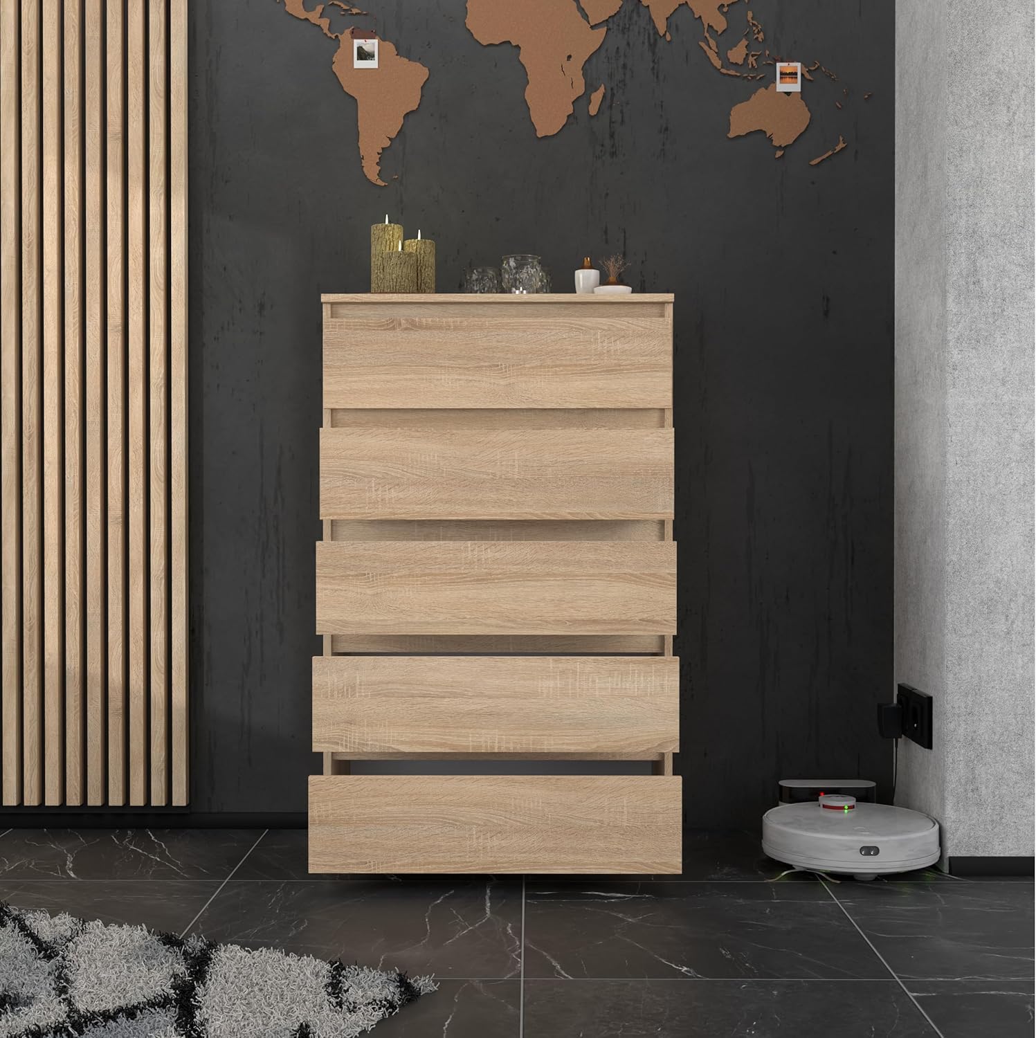 Kommode mit 5 Schubladen - Holz Sideboard 70x115x33,5 cm (B/H/T) - Schmale Kommode für Schlafzimmer & Flur - Regal mit Schubladen - Schrank mit Schubladen - Modernes Möbelstück (Sonoma)