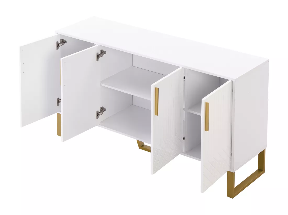 Buffet bas avec 4 portes - 140 L x 40 P x 80 H cm - Bois MDF et pièds en métal doré - Blanc brillant