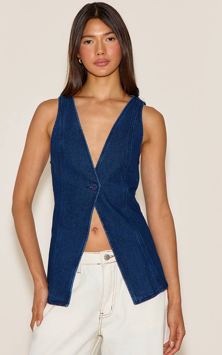 Bleu Indigo Gilet Sans Manches En Denim Avec Détails Boutonnés