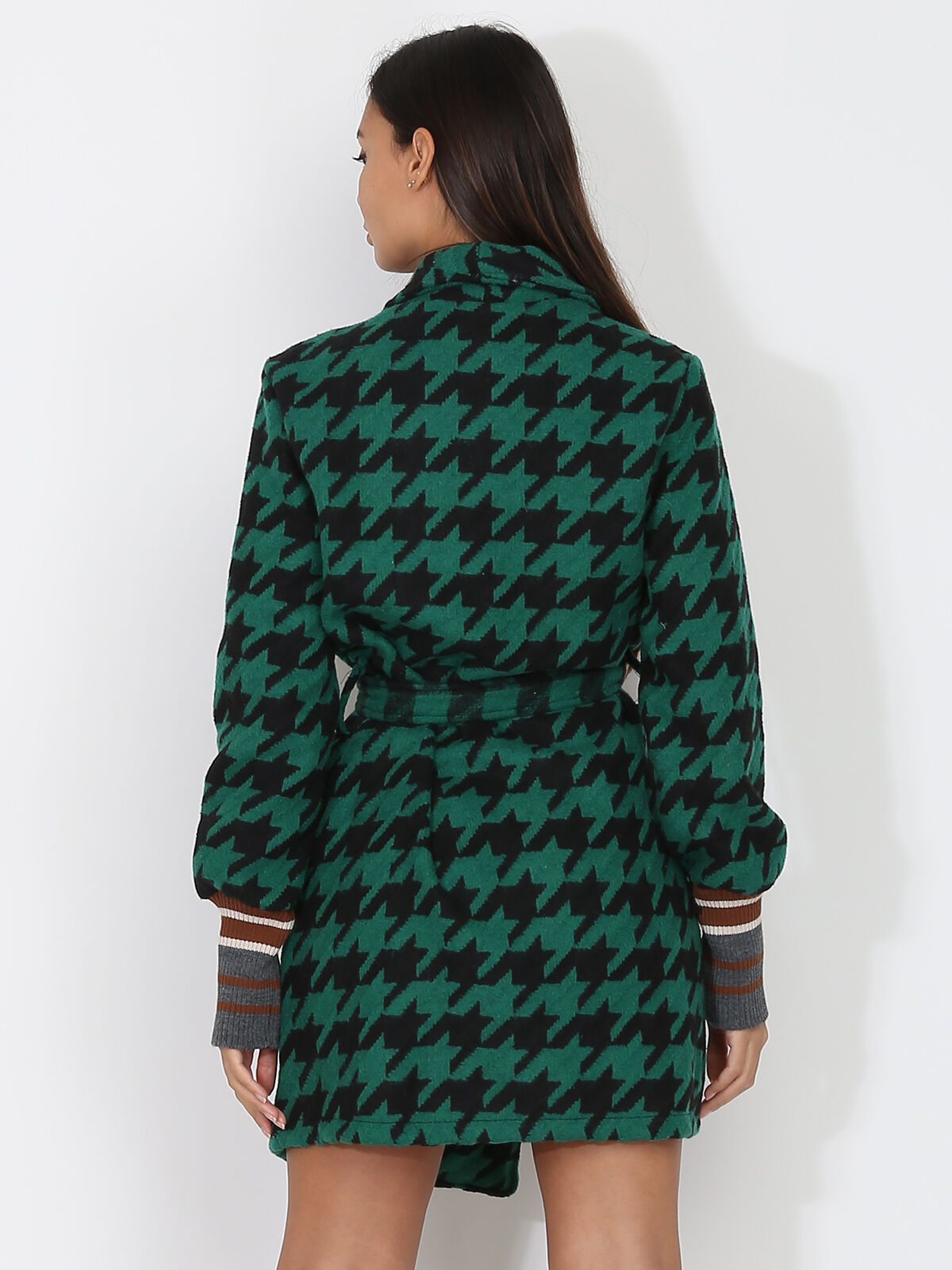 Manteau ceinturé à motif pied-de-poule- Noir / Vert