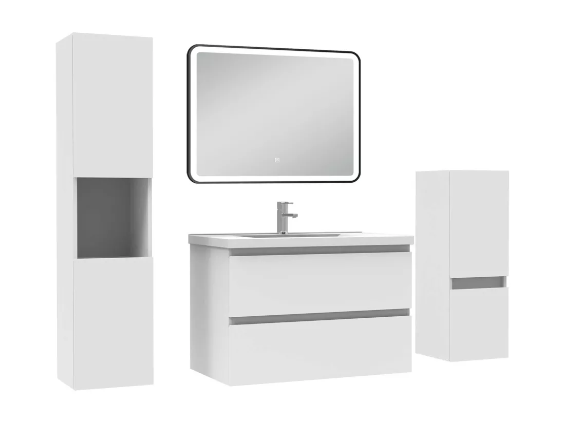 Meuble salle de Bain 80cm avec colonne + miroir mural lumineux 3 couleurs blanc