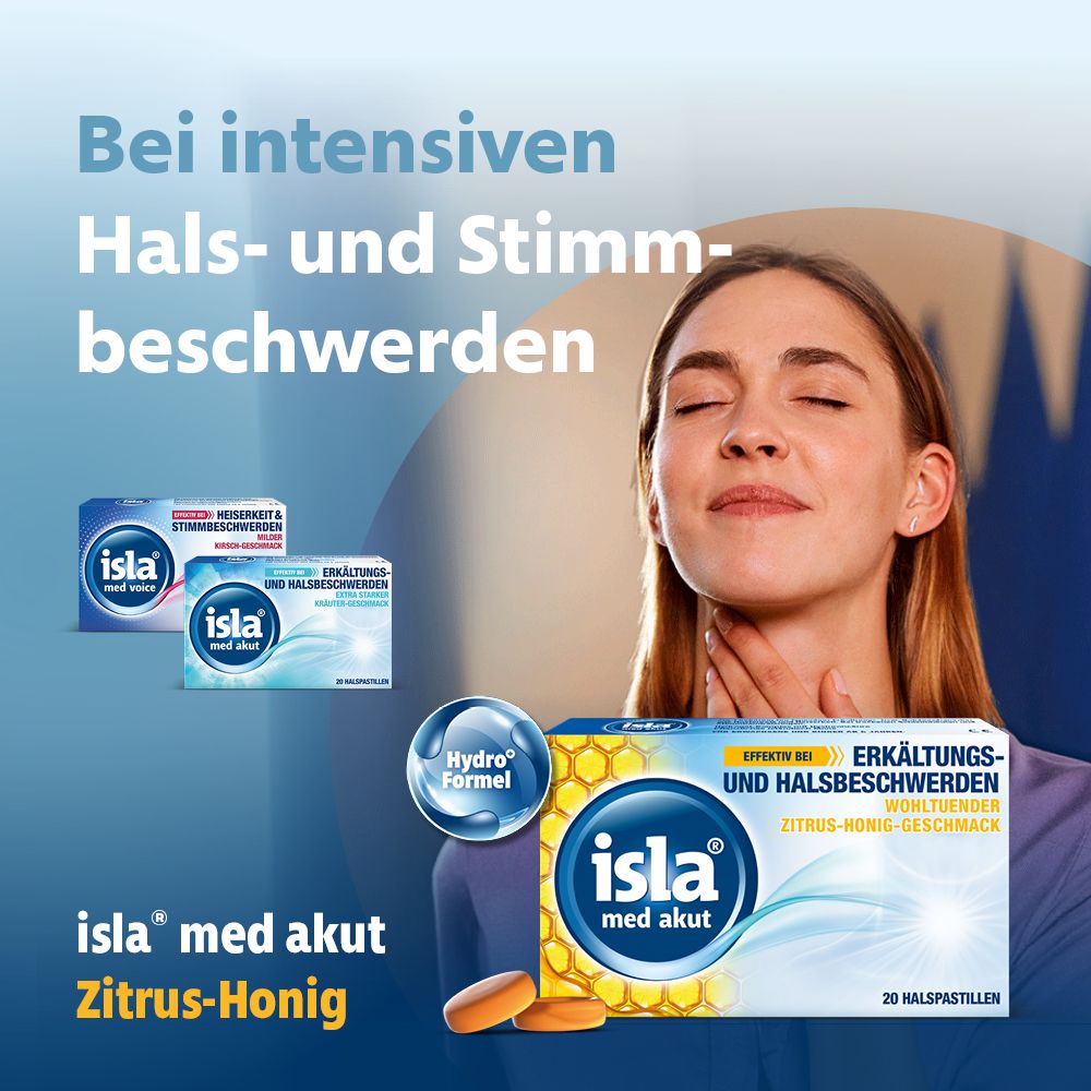 isla med akut Zitrus-Honig Halspastillen bei Halsschmerzen und Erkältung
