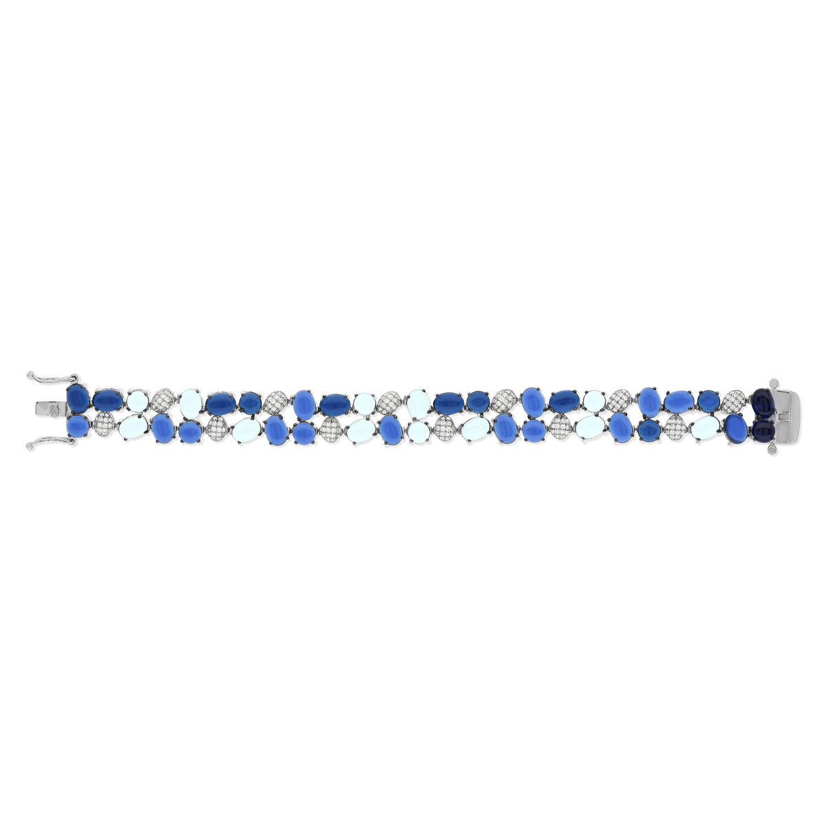 Bracelet argent 925 et ruthénium noir, pierres imitations bleues zirconias blanc 19 cm