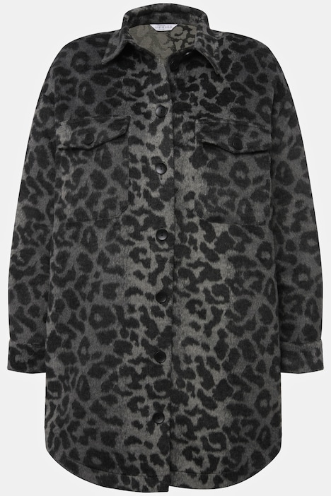 Hemdjacke, oversized, Leo-Plüsch, Hemdkragen, Langarm, Unisex