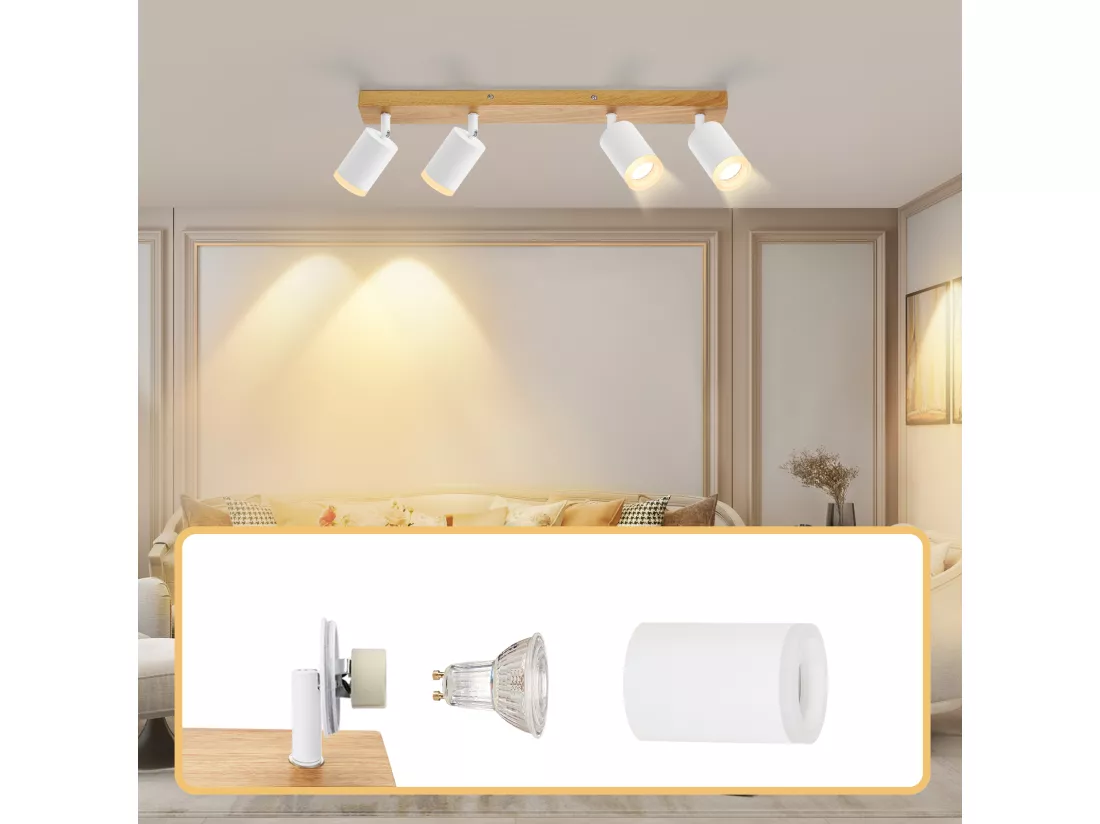 NETTLIFE Spot de plafond 4 flammes blanc bois GU10 Spot mural 350° orientable Vintage industriel rétro