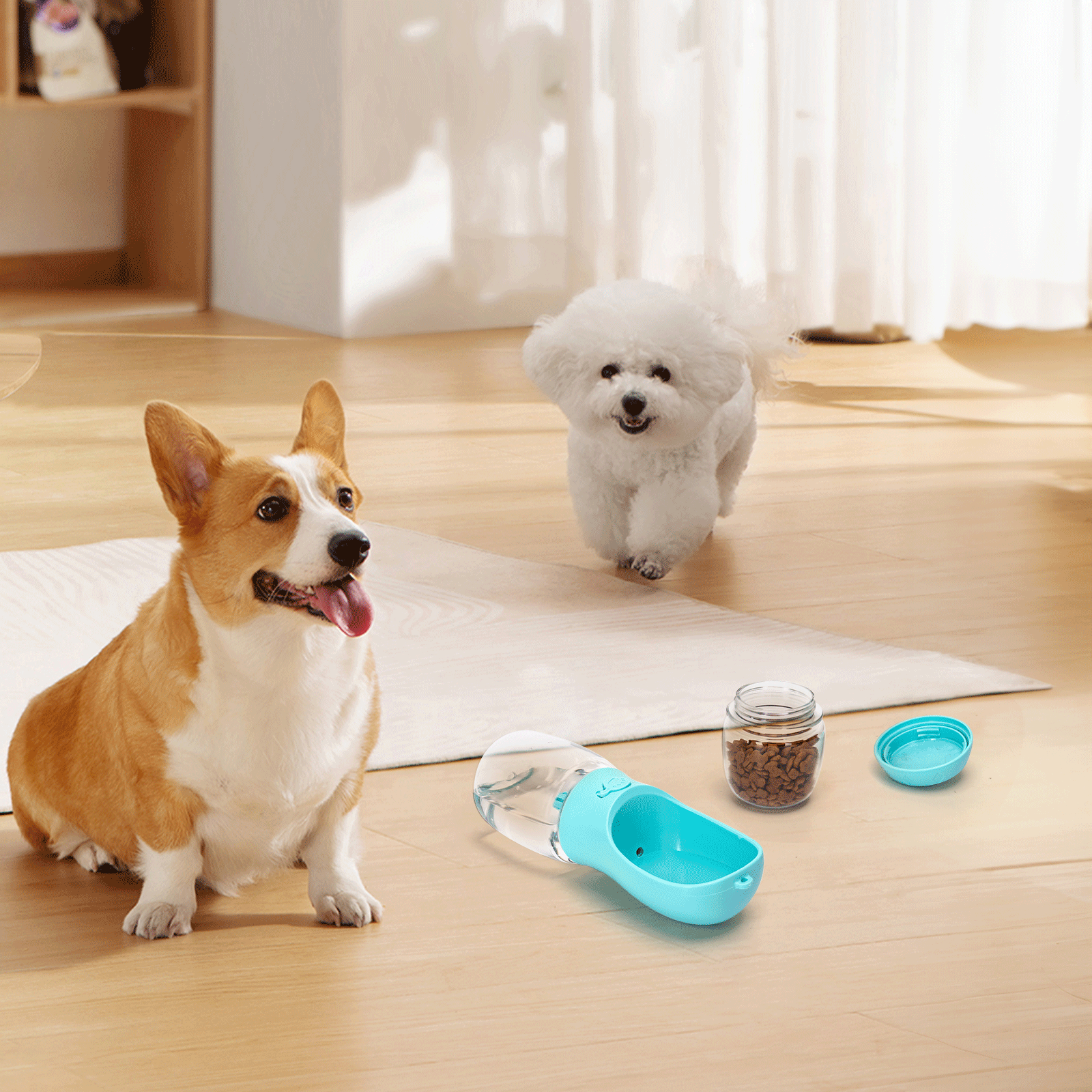 Garrafa de água Nobleza Pet, 350ml, para cães e gatos, com recipiente para ração de 100ml, ideal para passeios, viagens e acampamentos.