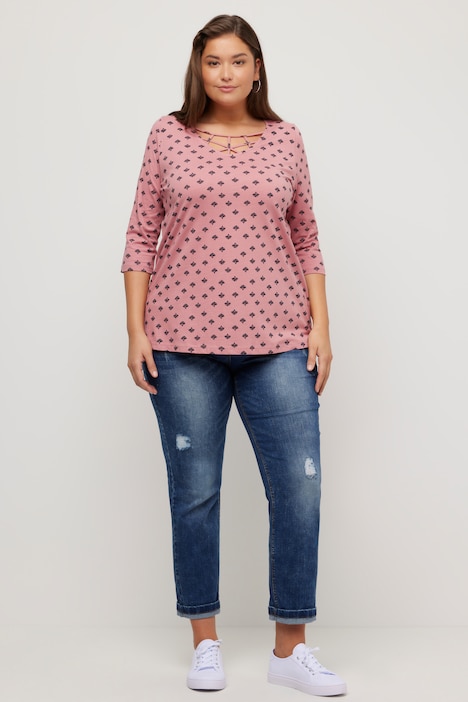 T-Shirt, Zierbänder, A-Linie, V-Ausschnitt, 3/4-Arm