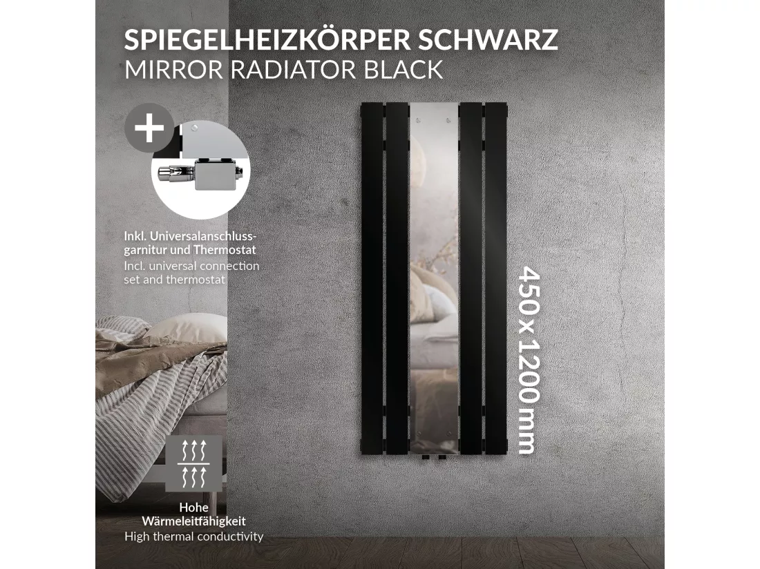 Radiateur plat vertical noir 45x120 cm + miroir et kit raccordement universel