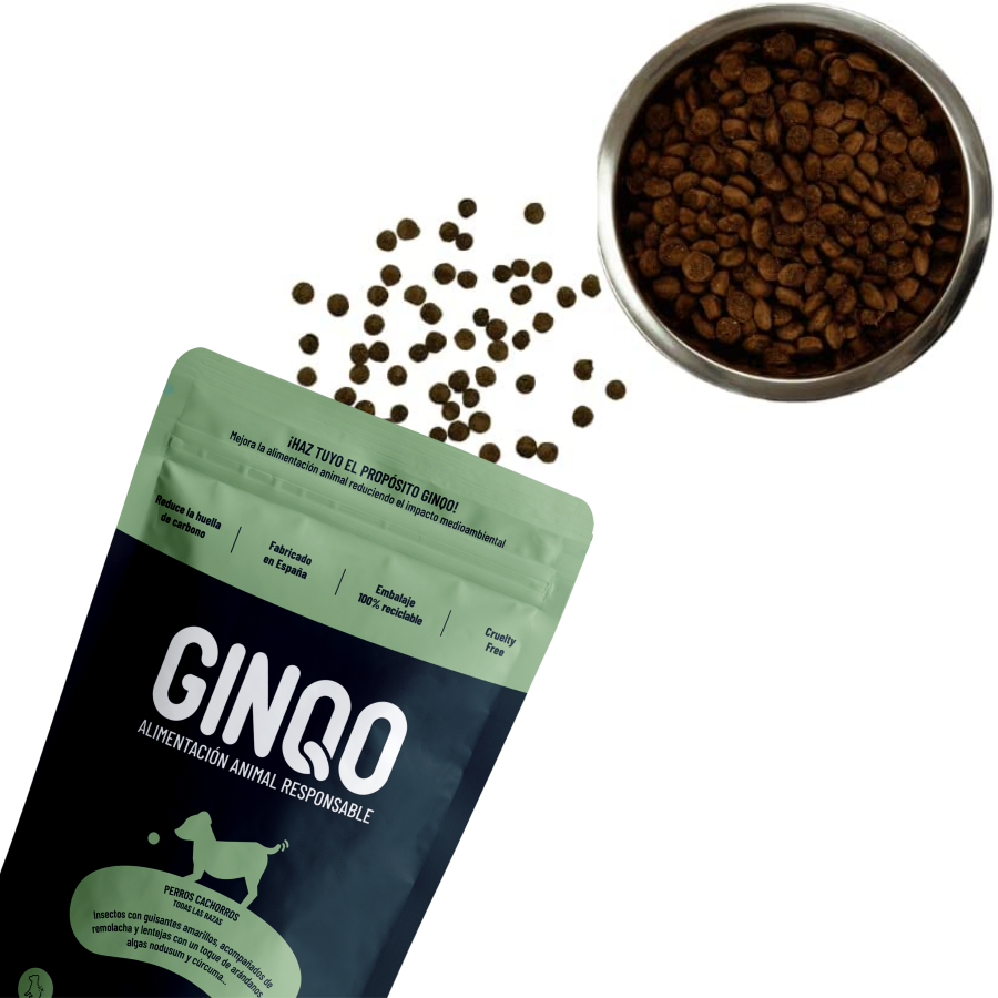 Ração para filhotes Ginqo: hipoalergênica, sem grãos e sustentável. Feita com proteína de insetos.