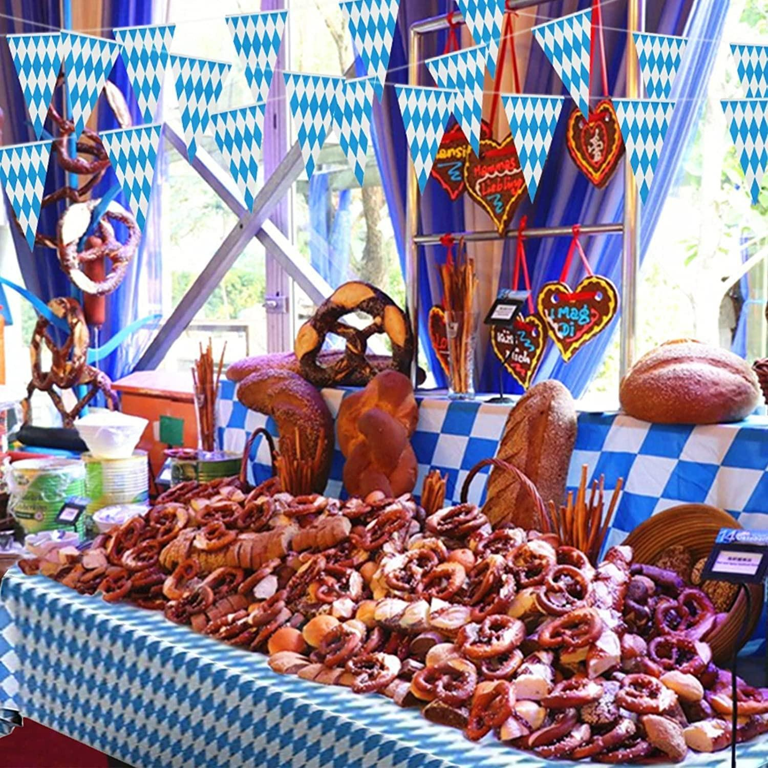 (22-tlg. Set) Fahnen Girlande Oktoberfest Party Deko   Tischdecke / Kuchenstecker - Blau / Weiss