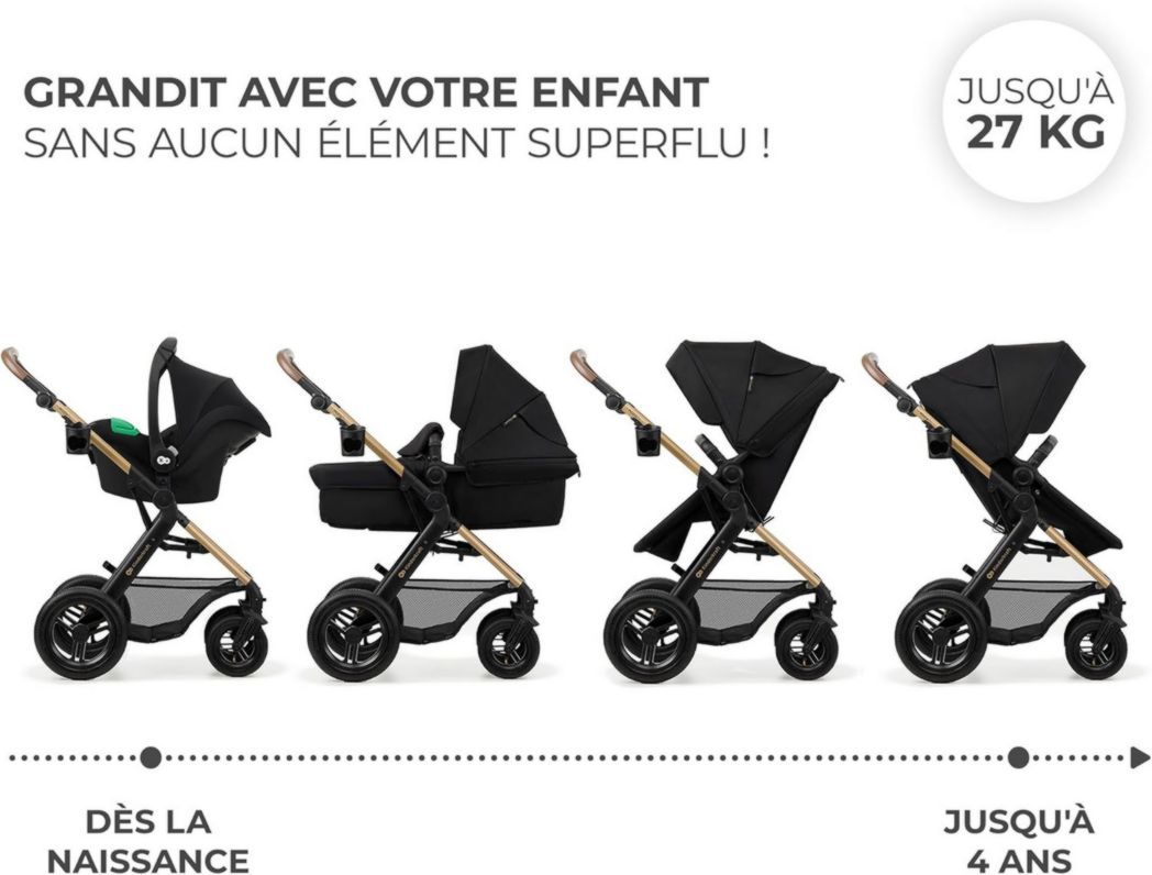 Poussette 3-en-1 Kinderkraft MOOV2, système de voyage de la naissance à 27 kg, siège auto Mink PRO I-Size inclus, pare-soleil extensible avec filtre UPF50+, accessoires pratiques, gris