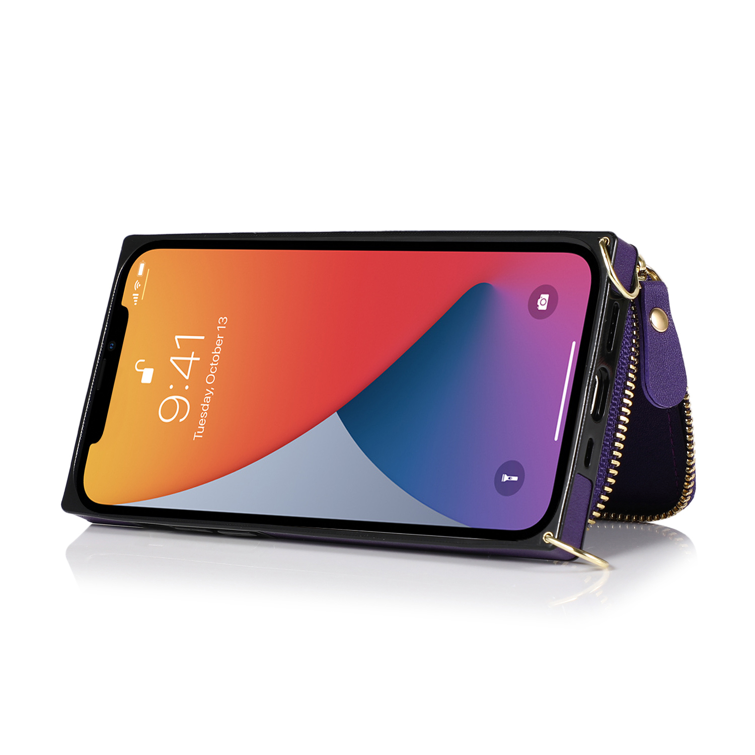 iPhone 13 Pro Necklace Leder Schutz Hülle mit Kartenfächer   Handykette (140cm) - Violett