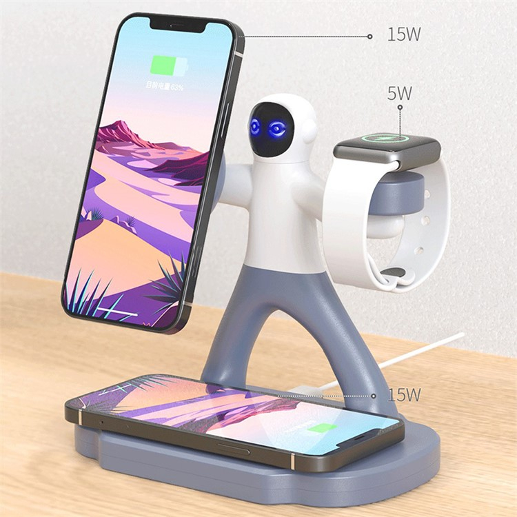 (15W) 3in1 Magnetisches Ladegerät Qi Wireless Charger Ladestation für Apple iPhone / Apple Airpods / Apple Watch im Astronauten Design - Schwarz